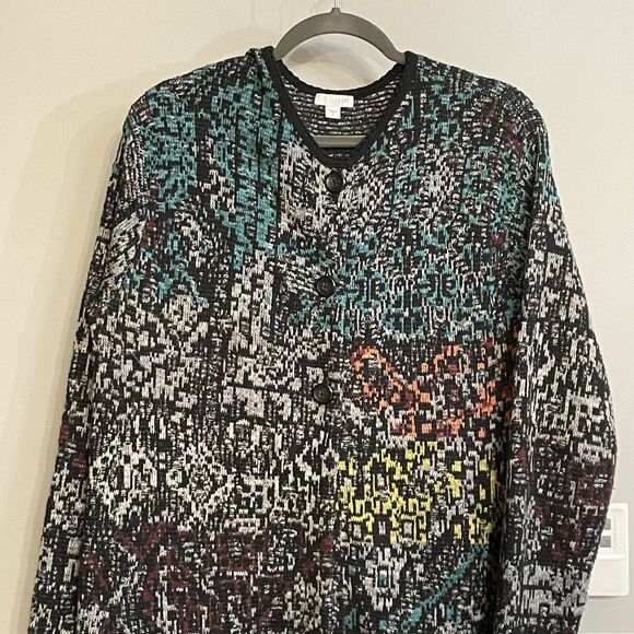 J. Jill‎ Cardigan Rainbow Long Duster Cotton Wool Blend Knit 3 Button Medium EUC - Picture 2 of 14